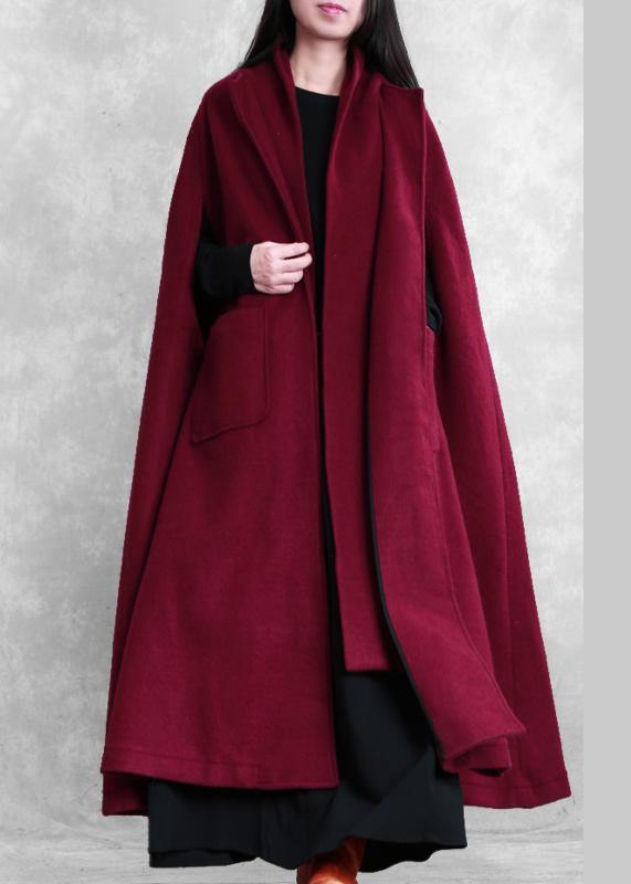 Fine burgundy Woolen Coat Women oversize Winter coat Batwing Sleeve large hem - SooLinen