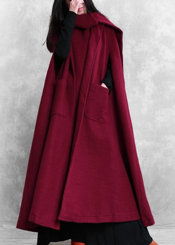 Fine burgundy Woolen Coat Women oversize Winter coat Batwing Sleeve large hem - SooLinen