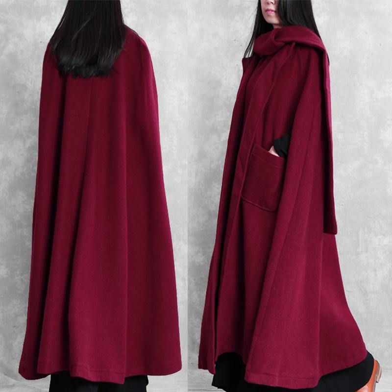 Fine burgundy Woolen Coat Women oversize Winter coat Batwing Sleeve large hem - SooLinen