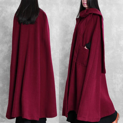 Fine burgundy Woolen Coat Women oversize Winter coat Batwing Sleeve large hem - SooLinen