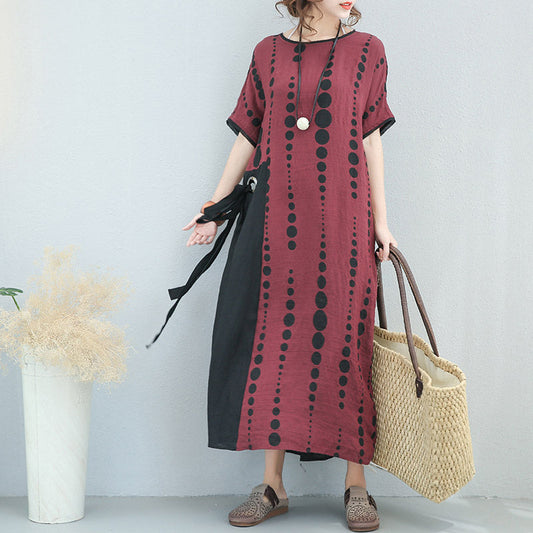 Feine burgunderfarbene Leinenkaftane in Übergröße, gepunktete Leinenkleidung, Kleid 2018, Patchwork-Leinenkaftane