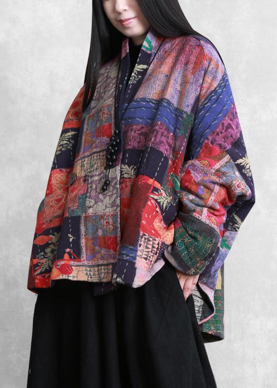 Fine casual down jacket winter outwear print v neck pockets outwear - SooLinen