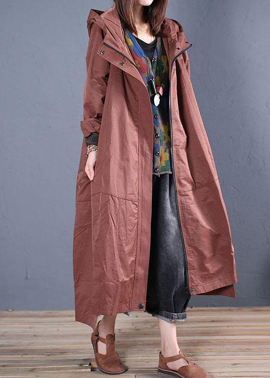 Fine casual long fall brown hooded zippered overcoat - SooLinen