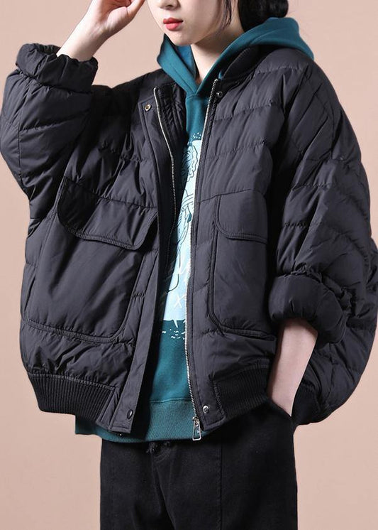 Fine casual womens parka coats black Large pockets down coat winter - SooLinen