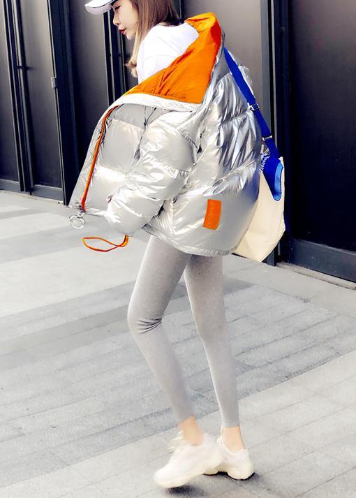 Fine casual womens parka winter outwear silver patchwork stand collar zippered goose Down coat - SooLinen