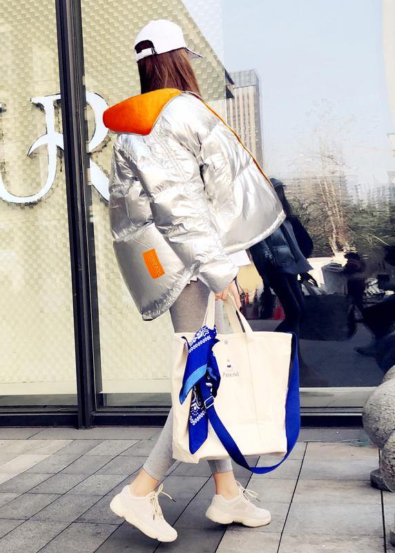 Fine casual womens parka winter outwear silver patchwork stand collar zippered goose Down coat - SooLinen