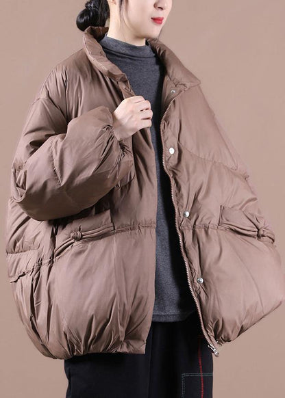 Fine chocolate goose Down coat plus size down jacket stand collar Chinese Button women overcoat - SooLinen