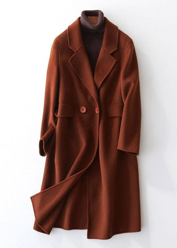Fine chocolate woolen coats oversize mid-length coats back open coat lapel collar - SooLinen