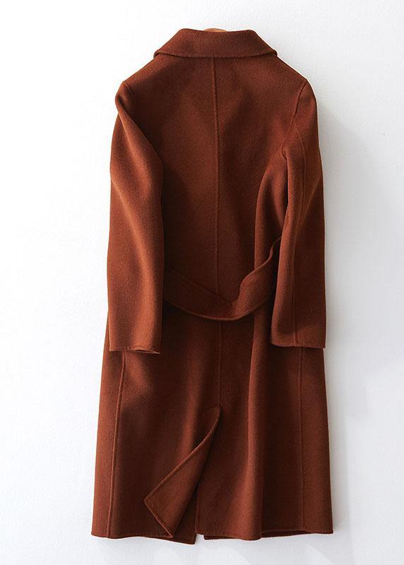 Fine chocolate woolen coats oversize mid-length coats back open coat lapel collar - SooLinen