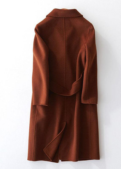 Fine chocolate woolen coats oversize mid-length coats back open coat lapel collar - SooLinen