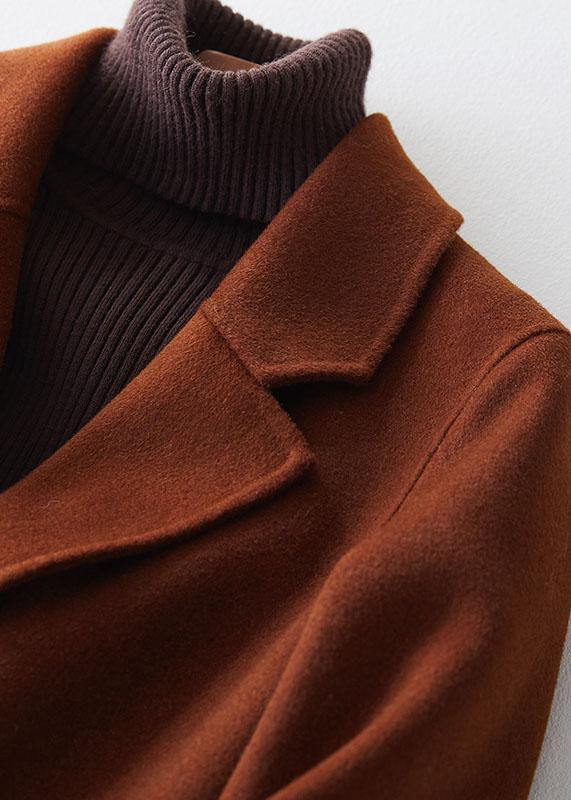 Fine chocolate woolen coats oversize mid-length coats back open coat lapel collar - SooLinen