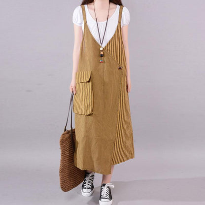 Sommerkleid aus feiner Baumwollmischung in Übergröße, lässig, gestreift, große Tasche, lockeres Hosenträgerkleid
