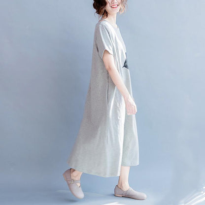 Feines graues Baumwollkleid in Übergröße, Rundhalsausschnitt, Baumwollkleid für Damen, Rückseite offen, Baumwollkleid