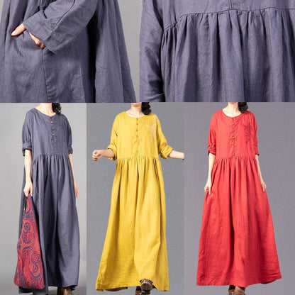 Feine graue Stickerei lange Leinenkleider plus Größe O-Ausschnitt Kleid 2018 Cinched Leinen Kaftane