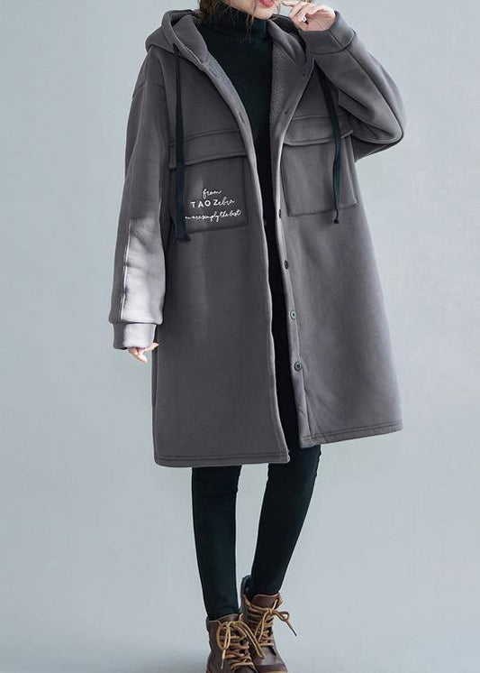 Fine gray embroidery women parka oversize winter jacket hooded pockets outwear - SooLinen