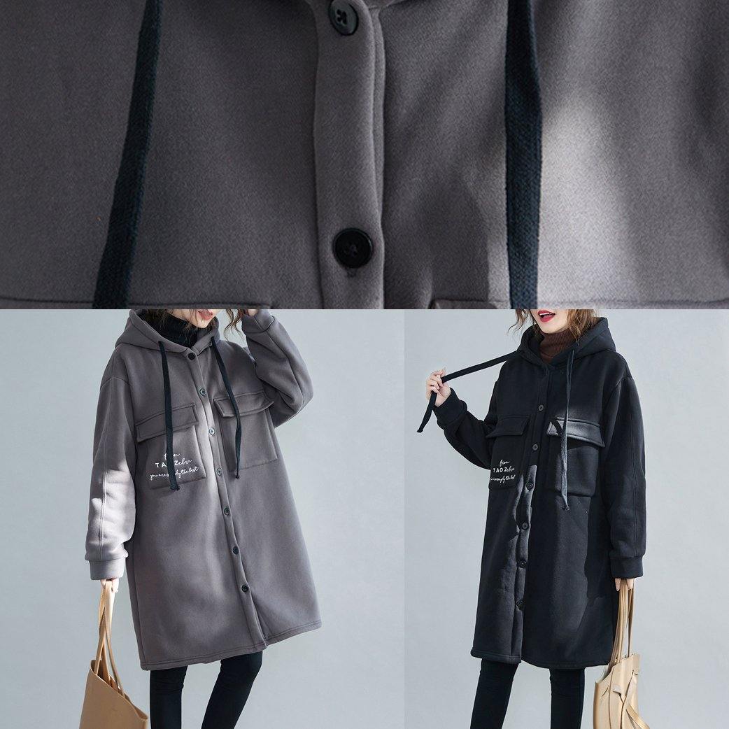 Fine gray embroidery women parka oversize winter jacket hooded pockets outwear - SooLinen