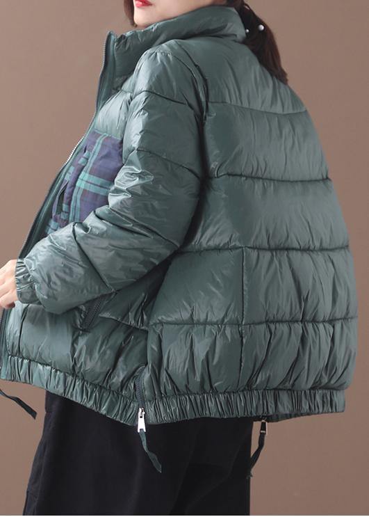 Fine green goose Down coat Loose fitting winter jacket patchwork plaid side zippered Jackets - SooLinen