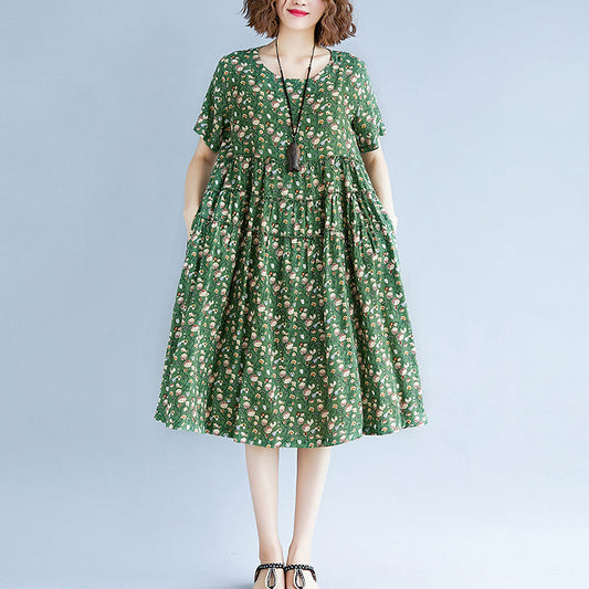 Feines grünes Baumwoll-Leinen-Kleid mit Print, Oversize-Kurzarmkleid, lässiges O-Ausschnitt-Baggy-Kleid, Baumwoll-Leinen-Kleid
