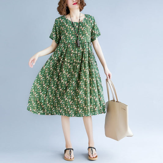Feines grünes Baumwoll-Leinen-Kleid mit Print, Oversize-Kurzarmkleid, lässiges O-Ausschnitt-Baggy-Kleid, Baumwoll-Leinen-Kleid