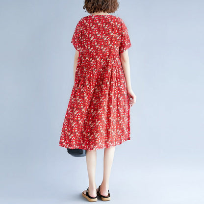 Feines grünes Baumwoll-Leinen-Kleid mit Print, Oversize-Kurzarmkleid, lässiges O-Ausschnitt-Baggy-Kleid, Baumwoll-Leinen-Kleid