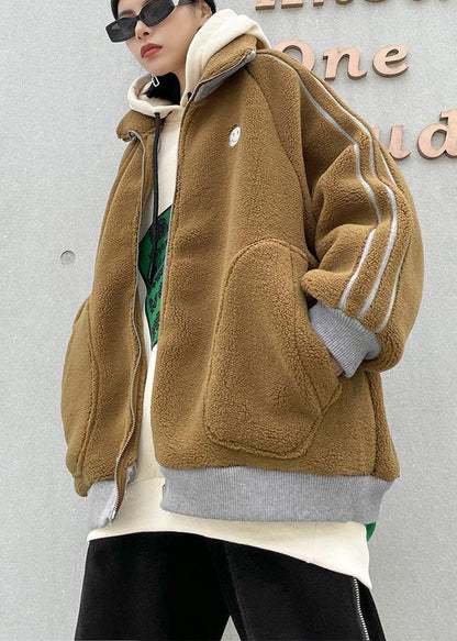 Fine khaki Wool winter jackets lapel zippered women coats - SooLinen