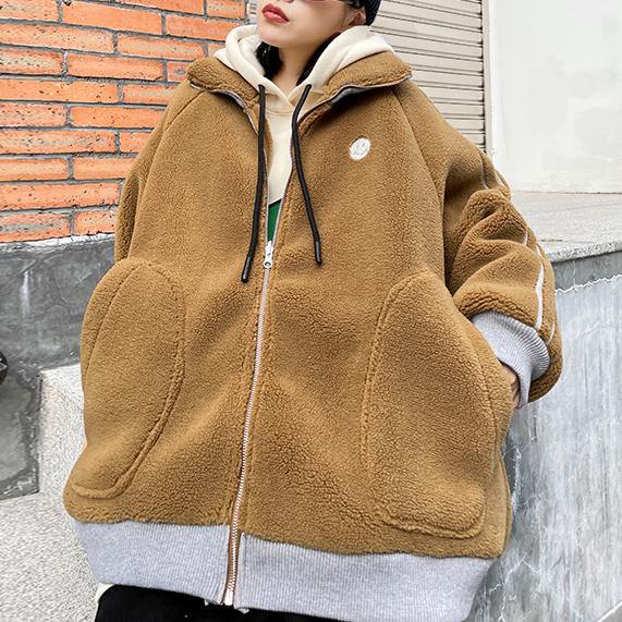 Fine khaki Wool winter jackets lapel zippered women coats - SooLinen