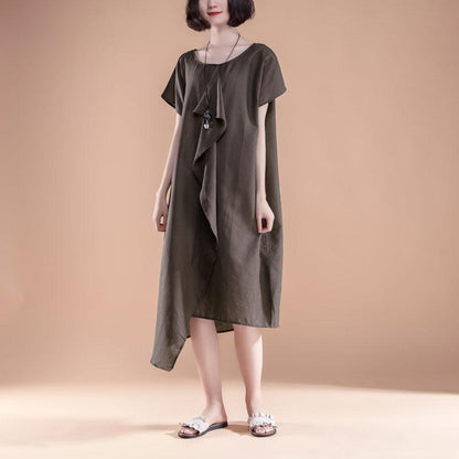 Feines Leinen-Baumwollkleid in Übergröße, kurzärmelig, hoher Saum, lässiges Sommerkleid