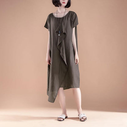 Feines Leinen-Baumwollkleid in Übergröße, kurzärmelig, hoher Saum, lässiges Sommerkleid