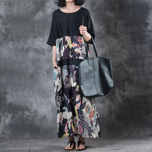 Feines Leinen-Sommerkleid, stilvolles Retro-Rundhals-Spleißen, Flachs-Print, Kurzarmkleid