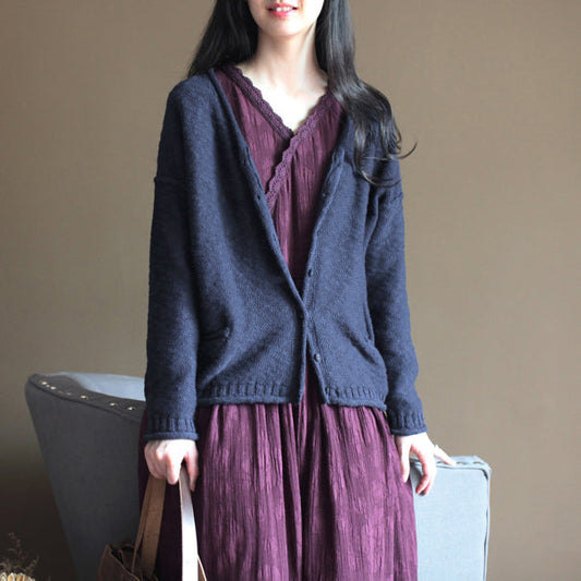 Feine marineblaue Strickpullover in Übergröße Feine Strickjacken Bluse mit V-Ausschnitt