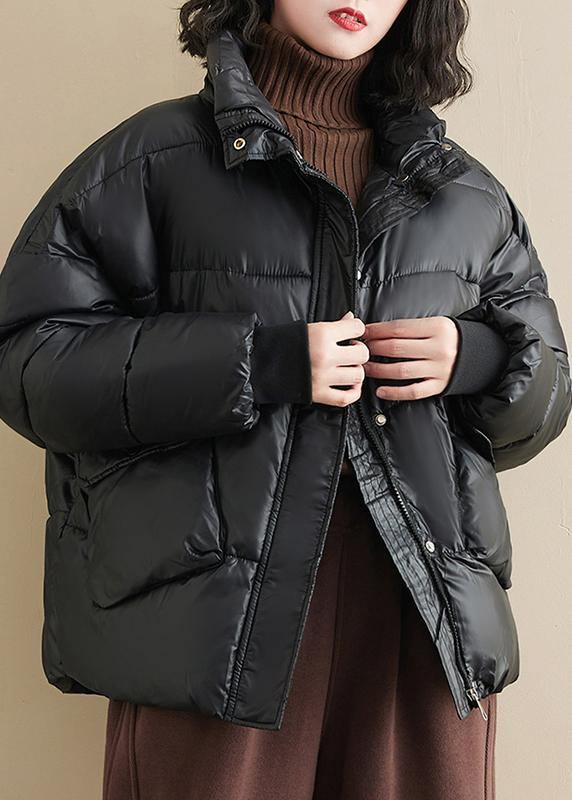 Fine oversize winter outwear black patchwork stand collar warm coat - SooLinen