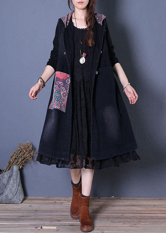 Fine oversized maxi coat fall black patchwork hooded coats - SooLinen