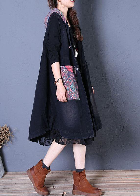 Fine oversized maxi coat fall black patchwork hooded coats - SooLinen