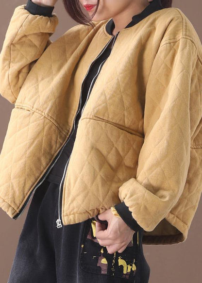 Fine oversized winter jacket outwear yellow stand collar casual outfit - SooLinen