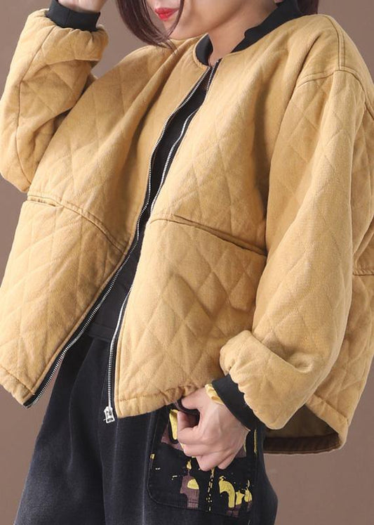 Fine oversized winter jacket outwear yellow stand collar casual outfit - SooLinen