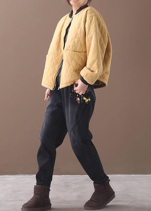 Fine oversized winter jacket outwear yellow stand collar casual outfit - SooLinen