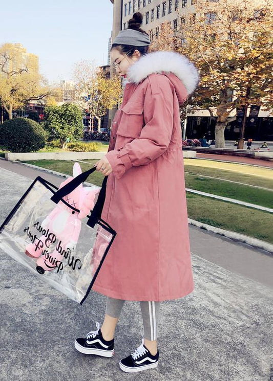 Fine pink warm winter coat plus size parka hooded flare sleeve women overcoat - SooLinen