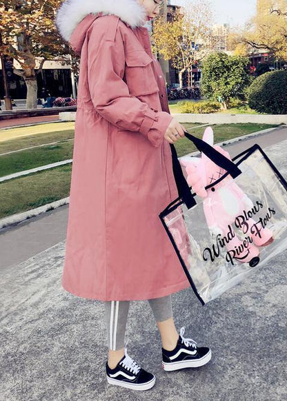 Fine pink warm winter coat plus size parka hooded flare sleeve women overcoat - SooLinen