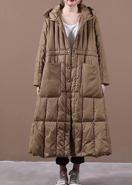 Fine plus size Winter Winter overcoat chocolate hooded pockets goose Down coat - SooLinen