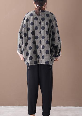 Fine plus size clothing jackets black plaid dotted v neck Button Down women parka - SooLinen
