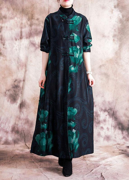 Fine plus size clothing long coats fall red patchwork blue print Chinese Button coat for women - SooLinen