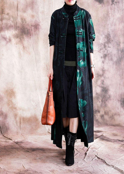 Fine plus size clothing long coats fall red patchwork blue print Chinese Button coat for women - SooLinen