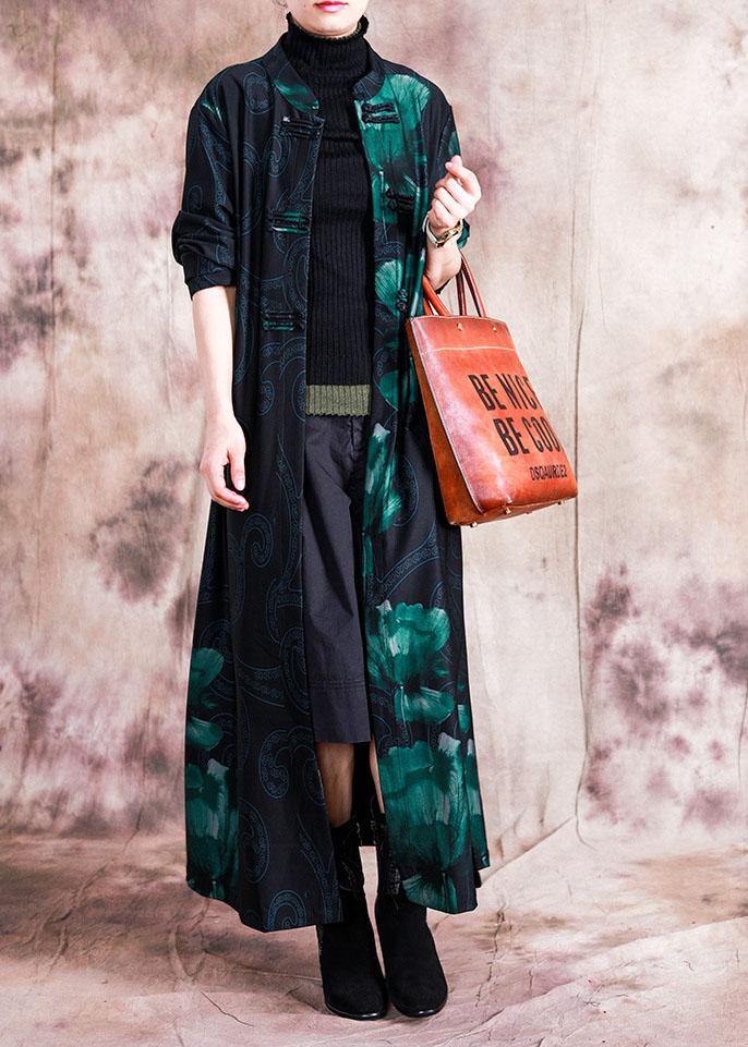 Fine plus size clothing long coats fall red patchwork blue print Chinese Button coat for women - SooLinen