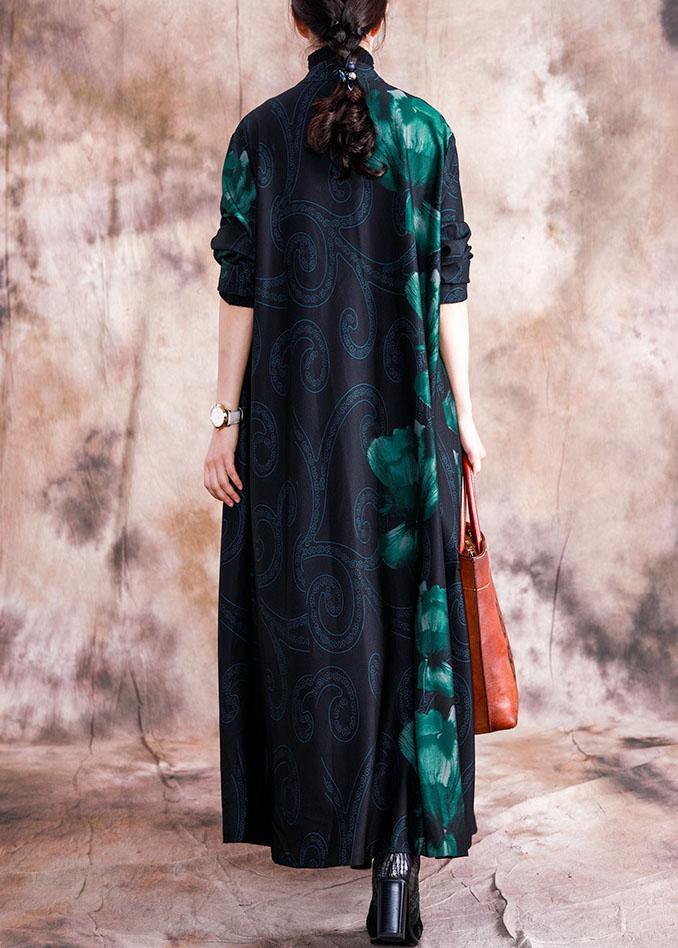 Fine plus size clothing long coats fall red patchwork blue print Chinese Button coat for women - SooLinen