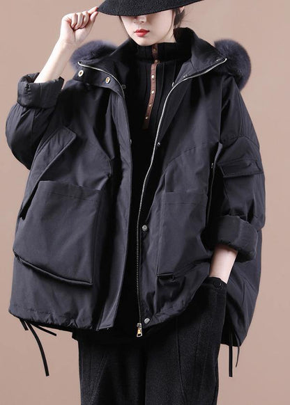 Fine plus size down jacket overcoat black hooded fur collar goose Down coat - SooLinen
