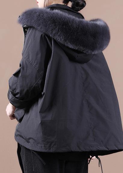 Fine plus size down jacket overcoat black hooded fur collar goose Down coat - SooLinen