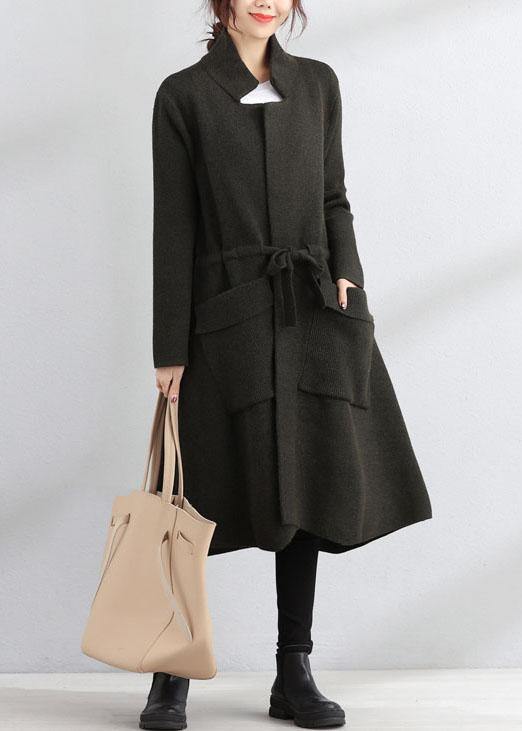 Fine plus size fall coat army green Square Collar tie waist Woolen Coats - SooLinen