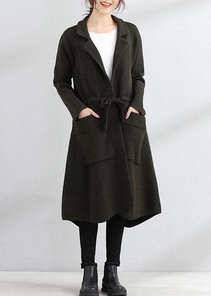 Fine plus size fall coat army green Square Collar tie waist Woolen Coats - SooLinen