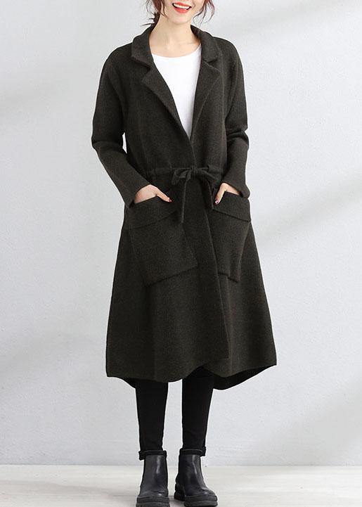 Fine plus size fall coat army green Square Collar tie waist Woolen Coats - SooLinen