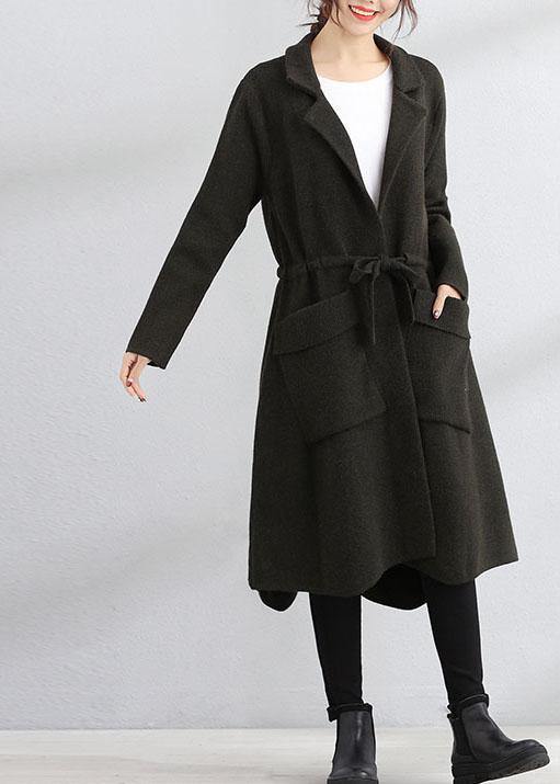 Fine plus size fall coat army green Square Collar tie waist Woolen Coats - SooLinen